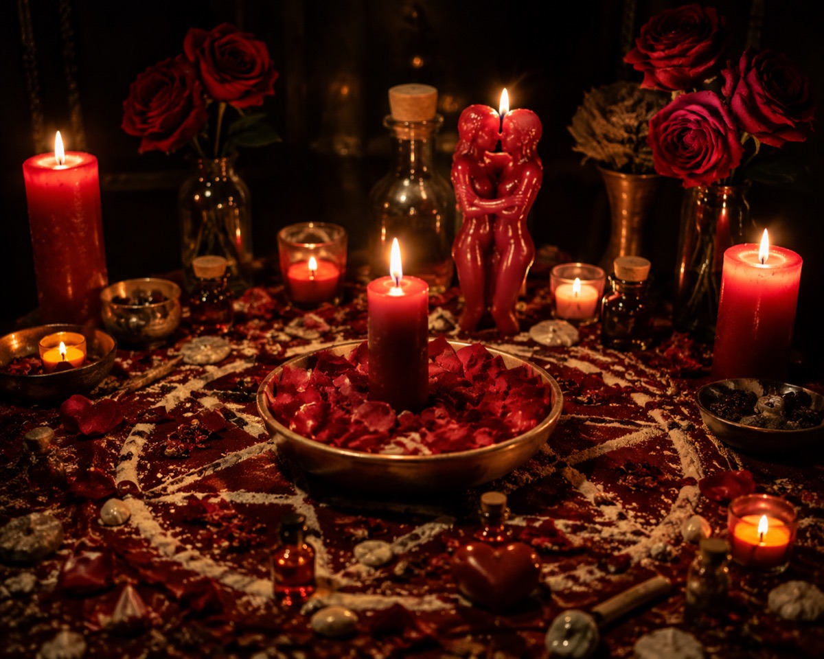 Autel de Rituel Amour — bougies rouges, roses et pétales